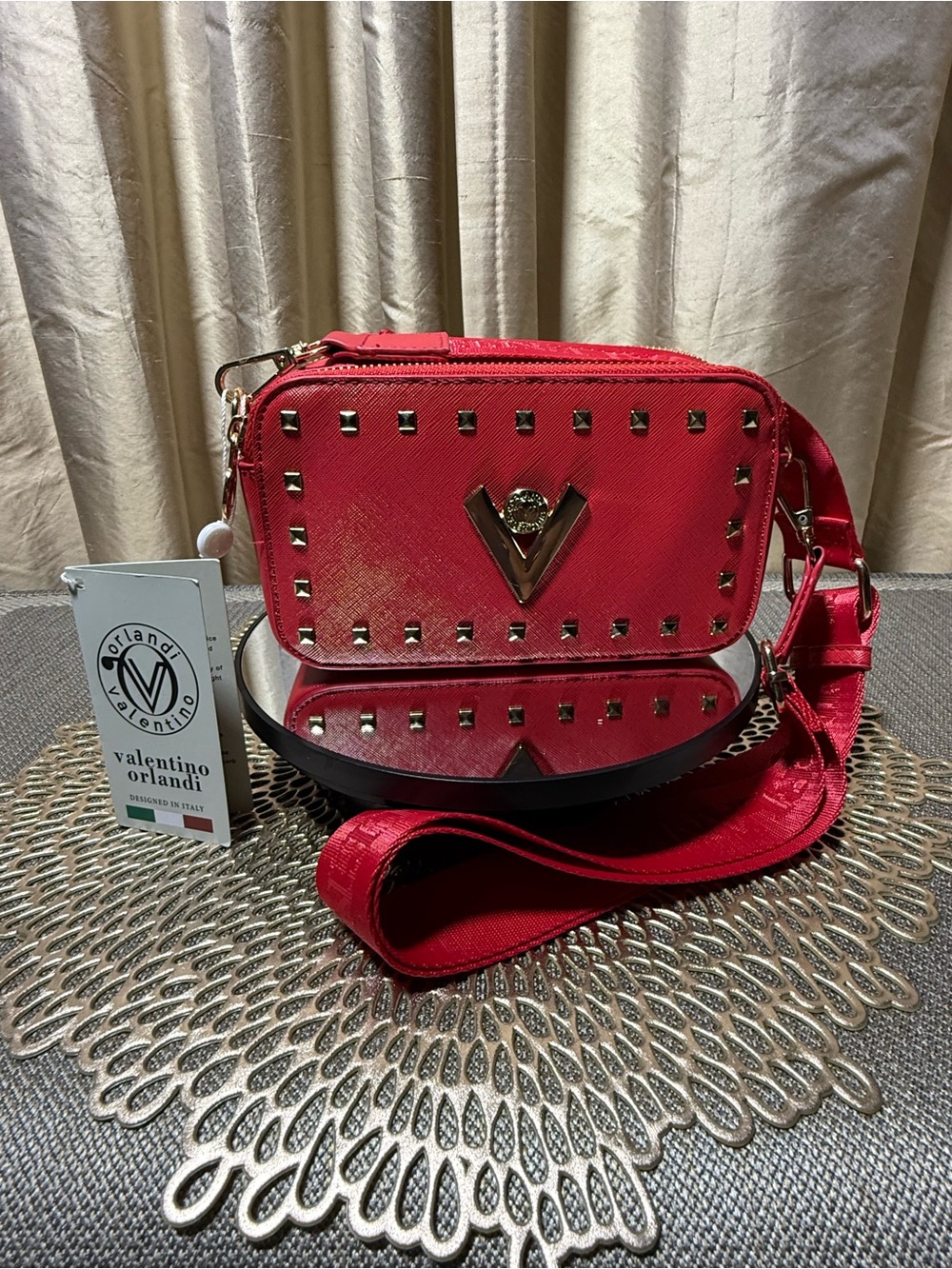 Valentino Orlandi Red Stud-Trim Crossbody Bag with Gold Emblem